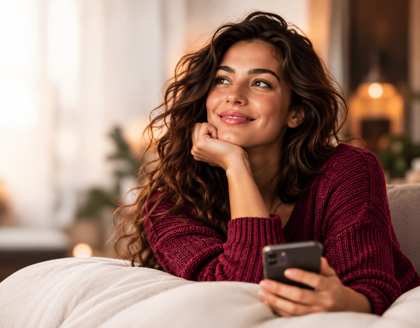 Mulher com o celular, em casa